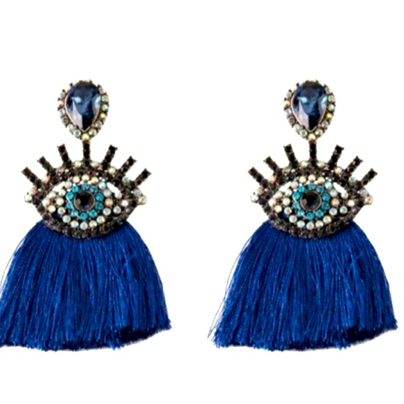 Jewelry - Gorgeous Evil Eye👁 Blue Tassel Drop Earrings